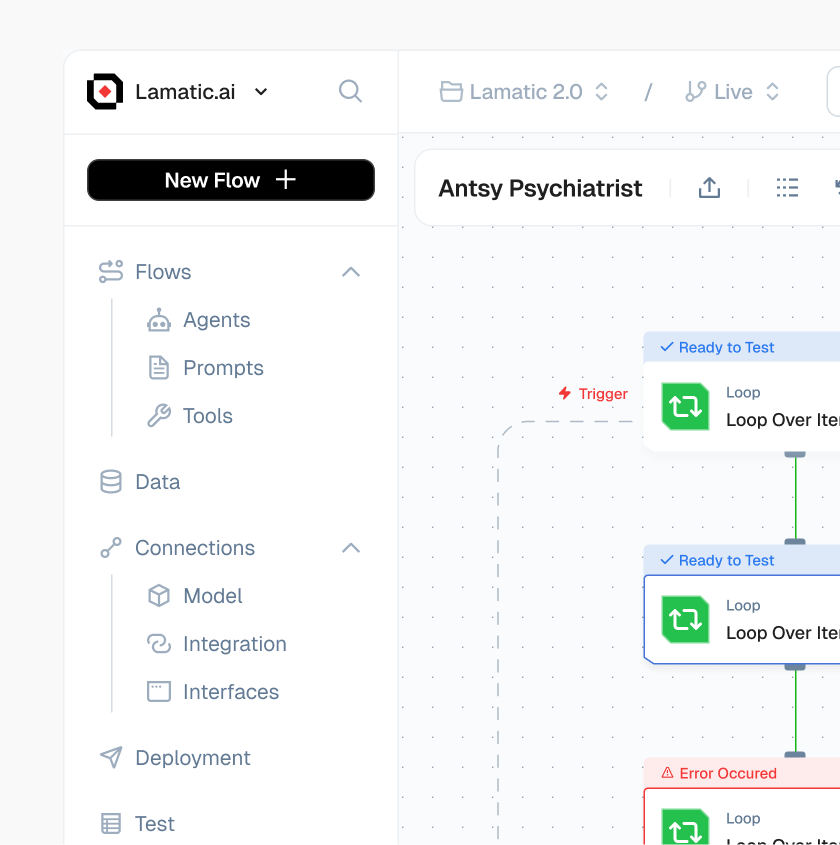 Lamatic.ai flow editor with agents, prompts and tools